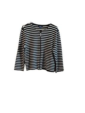 Chaps Sweater Womens XL Black&White Striped Full Zip Collarless Long Sleeve